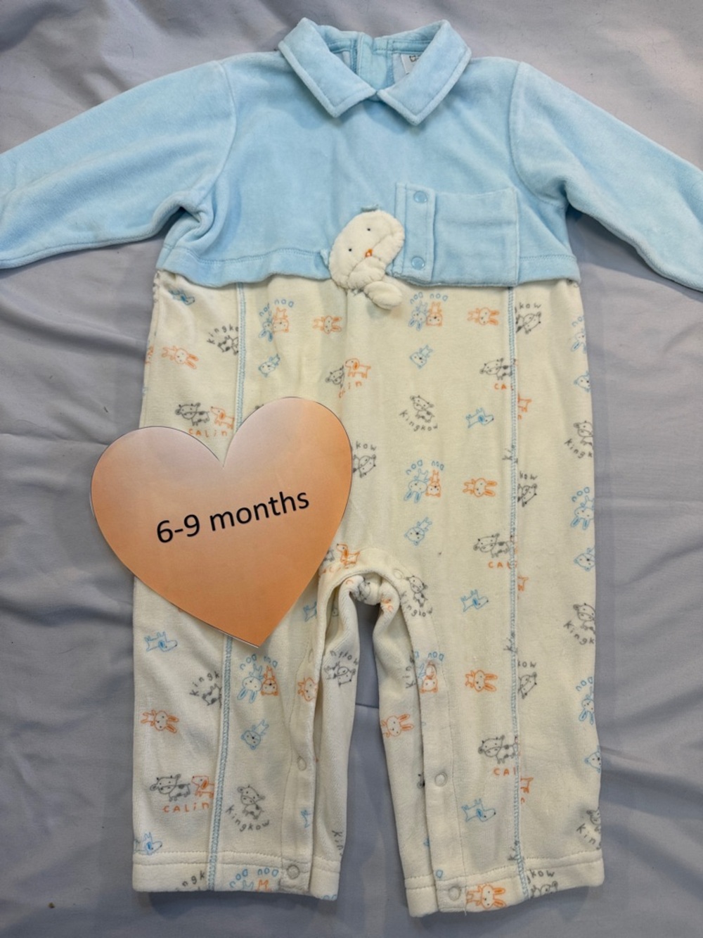 Kingkow - Baby Blue and Cream Velour Onesie with Animal Print